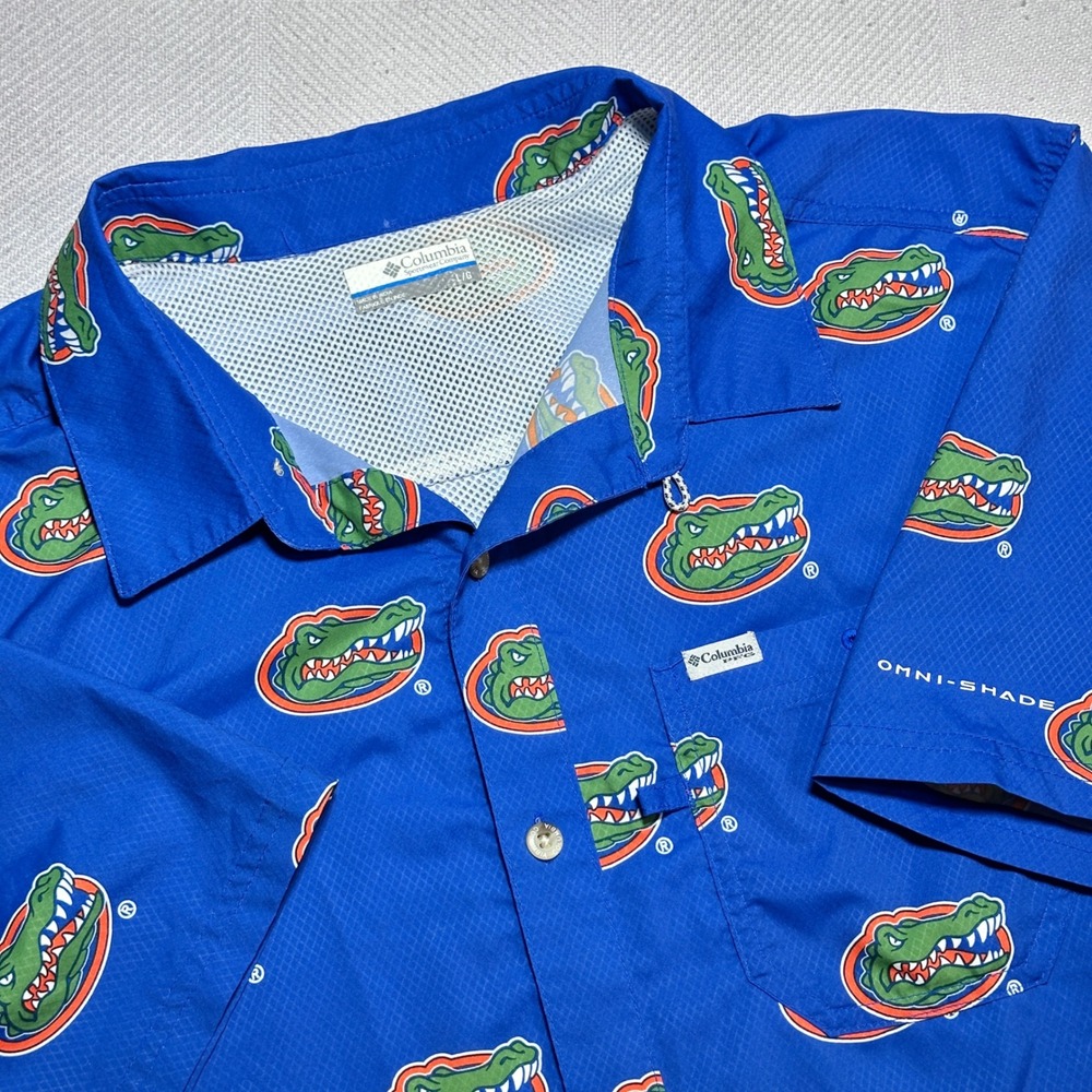 Columbia PFG Button Up Mens Large Florida Gators Mascot Print Omni-Shade Blue